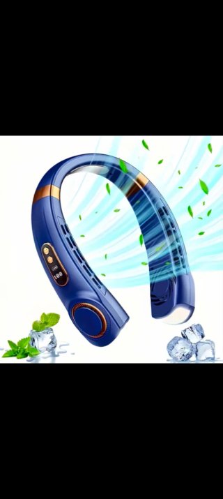 Ventilador Portátil de Cuello Azul y Dorado