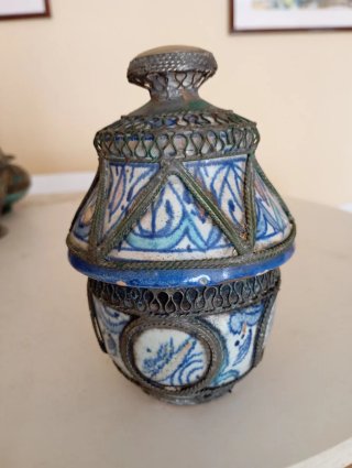 Frasco antiguo Marroquí Fez Cerámica y Metal