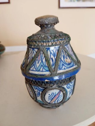 Frasco antiguo Marroquí Fez Cerámica y Metal