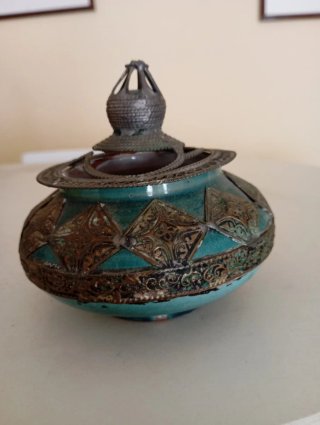 Frasco antiguo Marroquí Fez  Cerámica y Metal