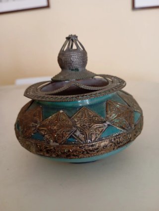Frasco antiguo Marroquí Fez  Cerámica y Metal