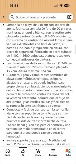 Sombrilla Monty Beach 240cm