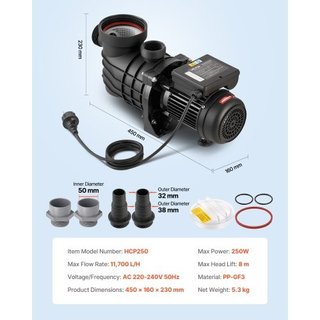 Pompa per piscina fuori terra, 250W, 11.700 L/H fl