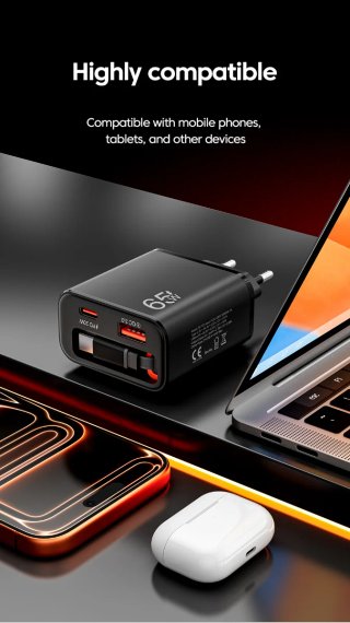 Cargador USB-C 65W 3 en 1 retráctil