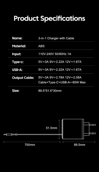 Cargador USB-C 65W 3 en 1 retráctil