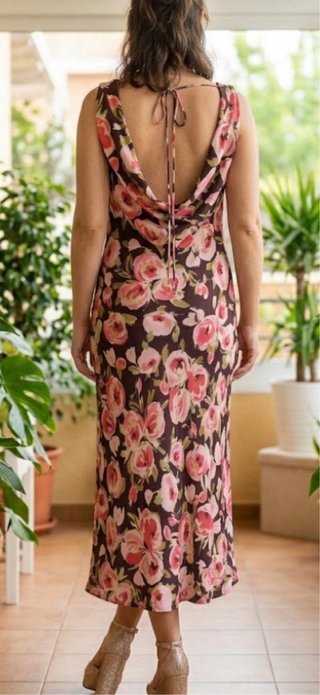 Vestido lencero Zara flores rosas fondo marrón esc