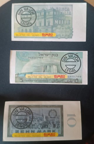 29 billetes del mundo BIMBO años 70.