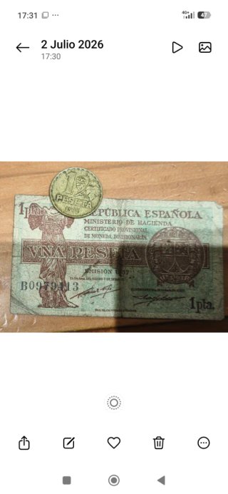 Billete y moneda de 1 peseta ,1937