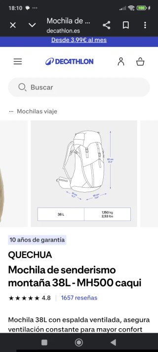 Mochila senderismo montaña 38L Quechua