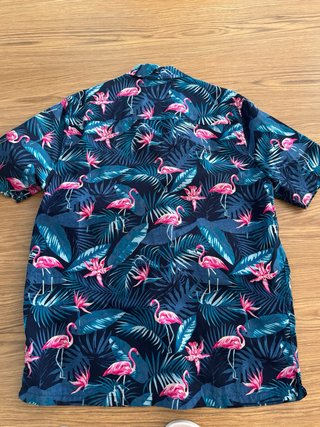 Camiseta Hawaiana Flamencos Azul y Rosa Talla M