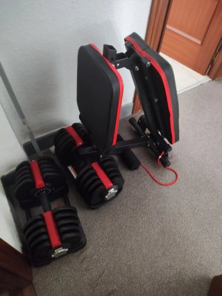 2 mancuernas regulables de 40 kg más banco