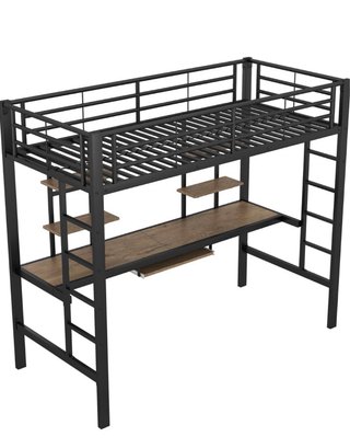 Cama alta 90x200 con escritorio y estanterías