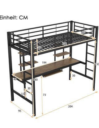 Cama alta 90x200 con escritorio y estanterías