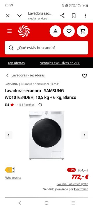 Lavadora Samsung 10+6.5kg