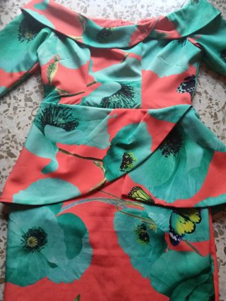 Vestido fiesta floral naranja y verde