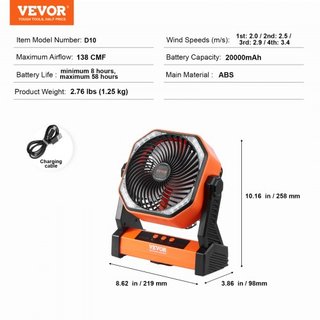 Ventilatore portatile ricaricabile 203,2 mm, ventilatore a batteria con torcia LED, piccolo ventilatore da tavolo regolabile a 4 velocità, ventilatori USB portatili per viaggi, ecc.