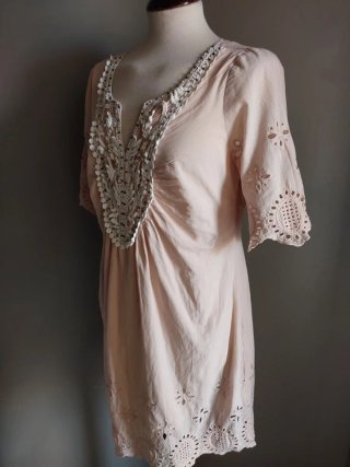 Vestido vintage M encaje blanco y rosa