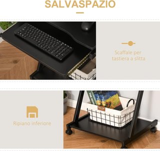 Scrivania per computer porta PC classica e salvaspazio, scrivania per camera con tastiera retrattile, 4 ruote e ripiano inferiore nero 60X48X73Cm