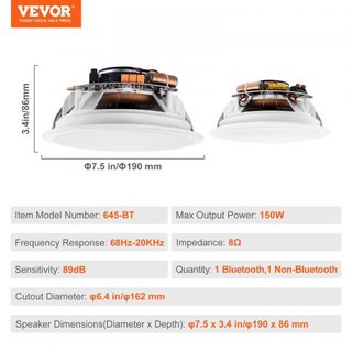2 PCs 6.5"/16.5 cm Altavoces de Techo Bluetooth 150W Montaje Empotrado en Pared
