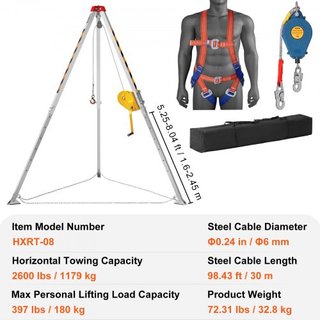 Kit de trípode para espacios confinados, winch de 1179 kg, trípode para espacios confinados con patas de 2.43 m y cable de 30 m, trípode de rescate para espacios confinados con protección contra c...