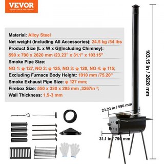 Estufa de Madera, 3 m, Estufa de Camping de Acero Aleado, Estufa Portátil de Leña con Tubos de Chimenea y Guantes, Estufa Caliente para Tienda con Cámara de 49161 cm³ para Cocinar y Calentar al Ai...