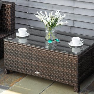 Tavolo da Giardino in Vetro Temperato 5Mm Rettangolare da Esterno in Rattan 85 X 50 X 39 Cm Marrone