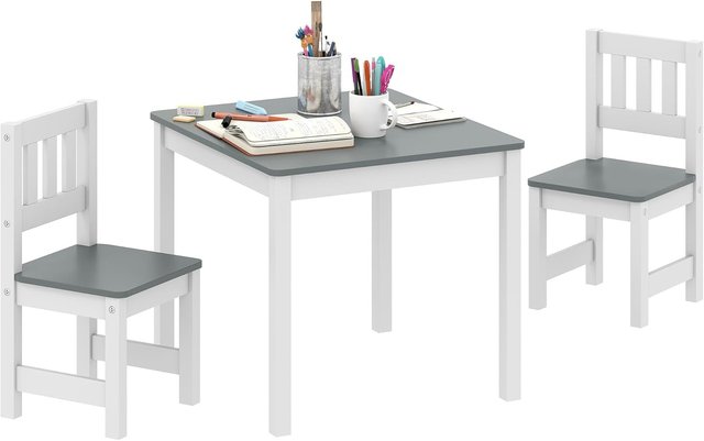 Juego de Mesa y 2 Sillas para Niños de 3 a 8 Años, Mesa para Niños con Sillas con Respaldo de Listones, Esquinas Redondeadas, en Madera de Pino y MDF para Habitación y Sala de Estar, Gris y Blanco