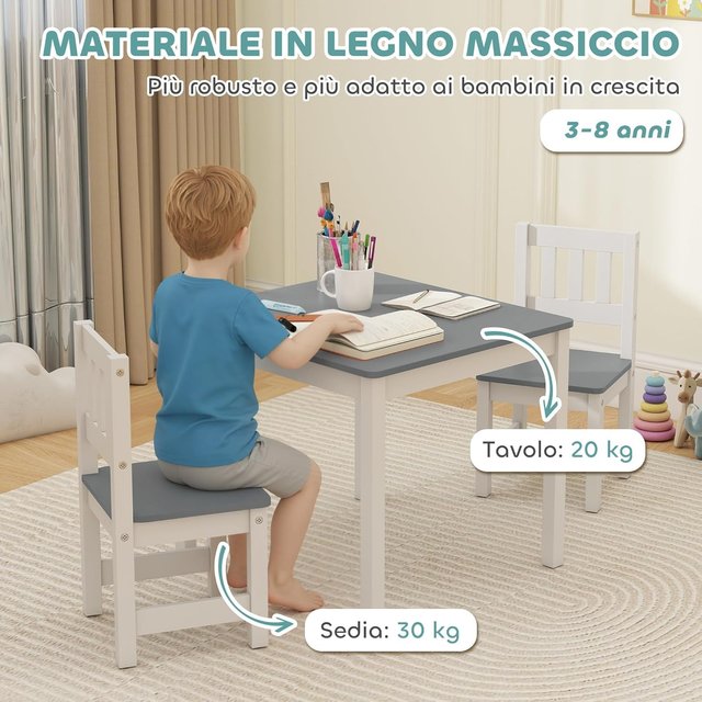 Juego de Mesa y 2 Sillas para Niños de 3 a 8 Años, Mesa para Niños con Sillas con Respaldo de Listones, Esquinas Redondeadas, en Madera de Pino y MDF para Habitación y Sala de Estar, Gris y Blanco
