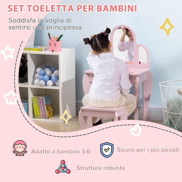 Mesa de Maquillaje para Niñas de 3-6 Años con Taburete, Cajones y Espejo Coordinado de Acrílico, en MDF y Madera de Pino, Rosa
