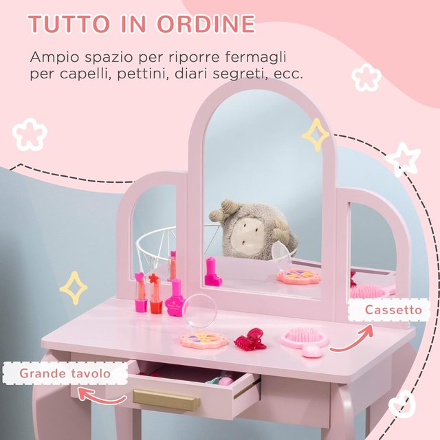 Mesa de Maquillaje para Niñas de 3-6 Años con Taburete, Cajones y Espejo Coordinado de Acrílico, en MDF y Madera de Pino, Rosa