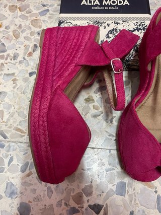 Sandalias cuña yute mujer rosa/rojo