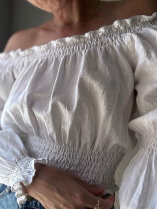 Blusa Lino Blanca Hombros Descubiertos Boho