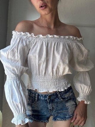 Blusa Lino Blanca Hombros Descubiertos Boho