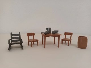 Playmobil Oeste: Mesa, Sillas, Barril, Mecedora