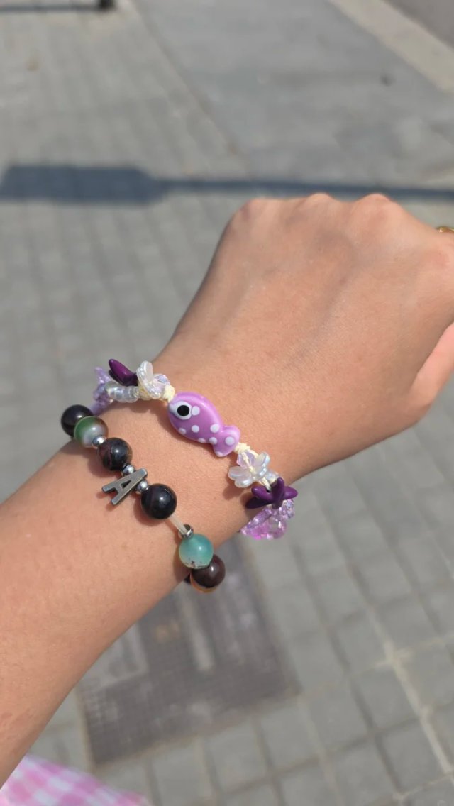 Pulsera Cuentas Artesanal Pez Lilac Ajustable