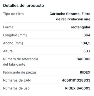 Filtro de Aire RIDEX 8A0003 Nuevo