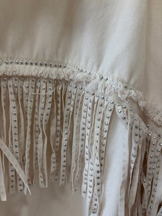 Chaqueta denim vaquera beige Zara flecos talla XS.