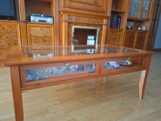 Mesa salon cristal y madera, mesa centro, 6 sillas