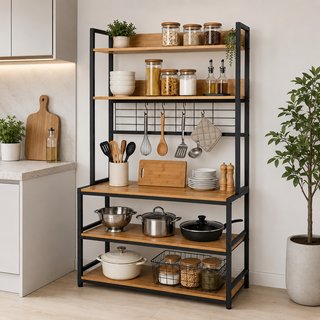 Estantería Cocina Madera y Metal Negra industrial