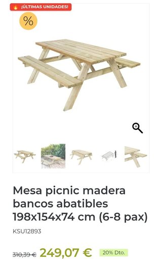Mesa Picnic Madera Bancos Abatibles 198x154x74 cm