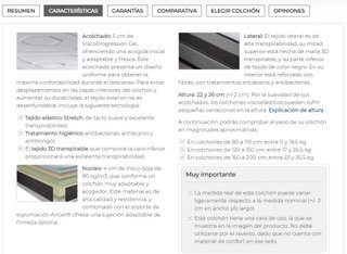 Colchón viscoelastico 180 x 90 x 26cm