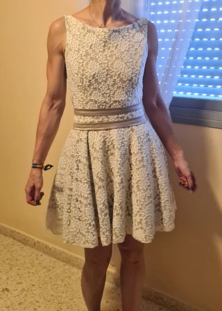Vestido de fiesta encaje beige/blanco