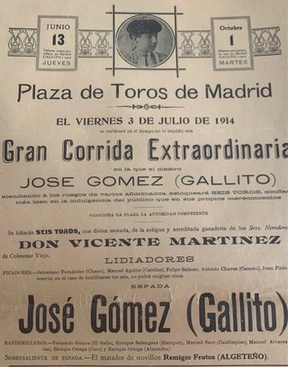 Cartel Corrida Toros Madrid 3 Julio 1914