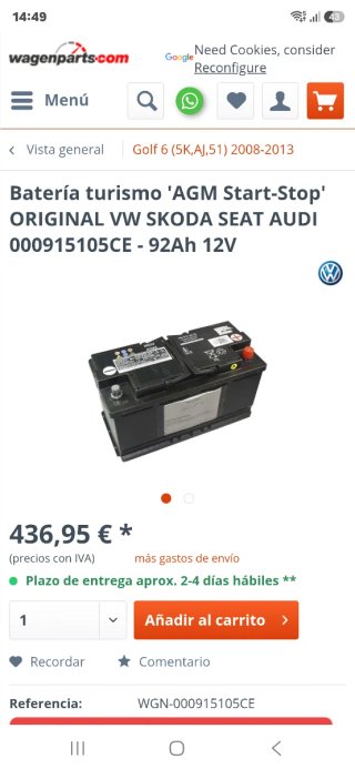 Batería Varta AGM Original Grupo VAG