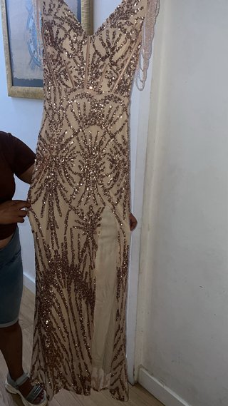 Vestido fiesta lentejuelas beige/dorado T. M