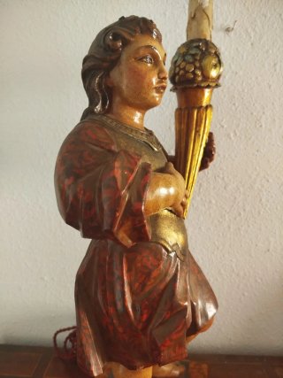 Talla madera antigua religiosa niño candelero
