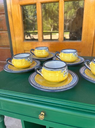 Juego de café de cerámica azul y amarillo