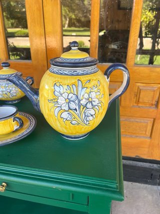 Juego de café de cerámica azul y amarillo