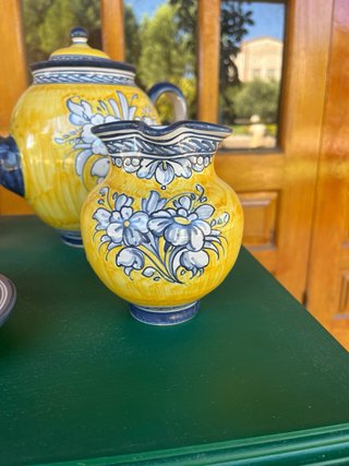 Juego de café de cerámica azul y amarillo