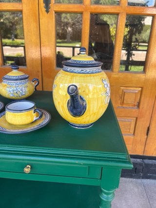 Juego de café de cerámica azul y amarillo